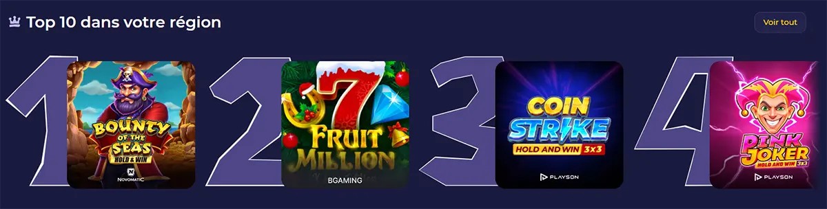 Top casino slot games in your region including Bounty of the Seas, Fruit Million, Coin Strike, and Pink Joker