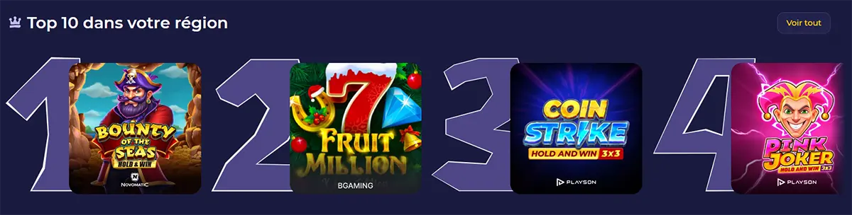 Top casino slot games in your region including Bounty of the Seas, Fruit Million, Coin Strike, and Pink Joker