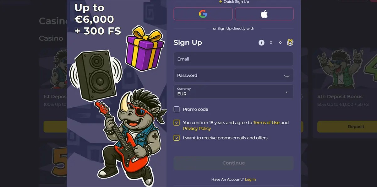 Casino welcome bonus popup with €6,000 + 300 free spins sign-up form