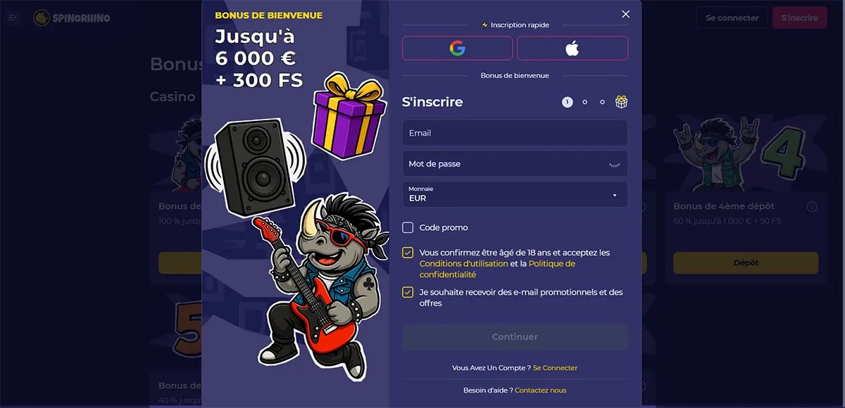 Casino welcome bonus popup with €6,000 and 300 free spins registration form