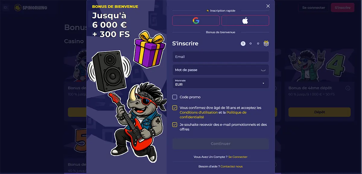 Casino welcome bonus popup with €6,000 and 300 free spins registration form
